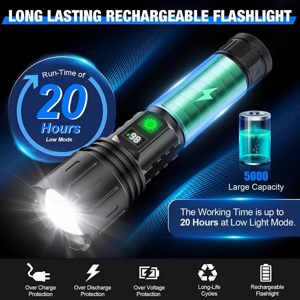 Bright Belro flashlight emitting a powerful beam, compact design, ideal for outdoor and emergency lighting scenarios.