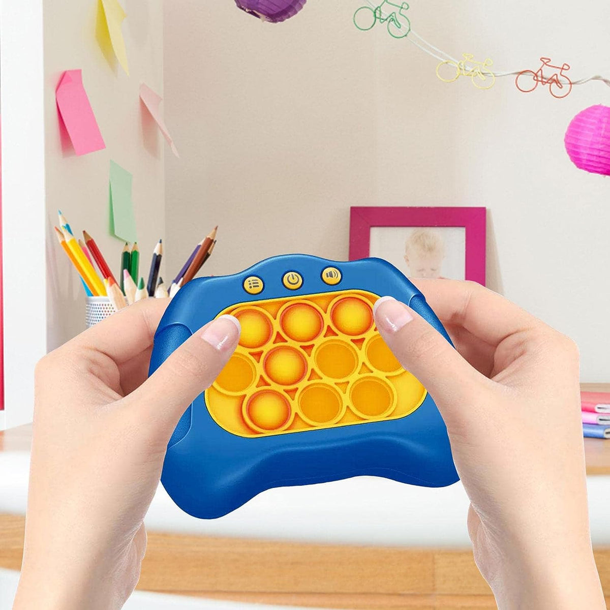 Belro Rapid Pop Light Up Fidget Bubble Game Console showing colorful illuminated buttons and compact electronic design.