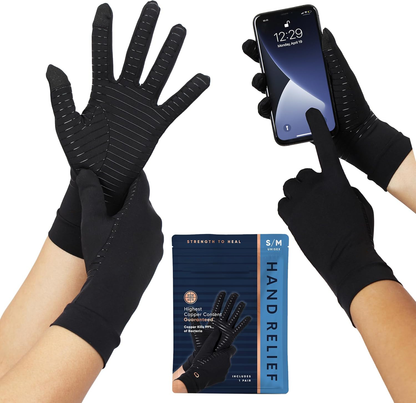 Black compression gloves by Belro, designed as supportive accessories, shown on a hand with a snug fit and textured fabric.
