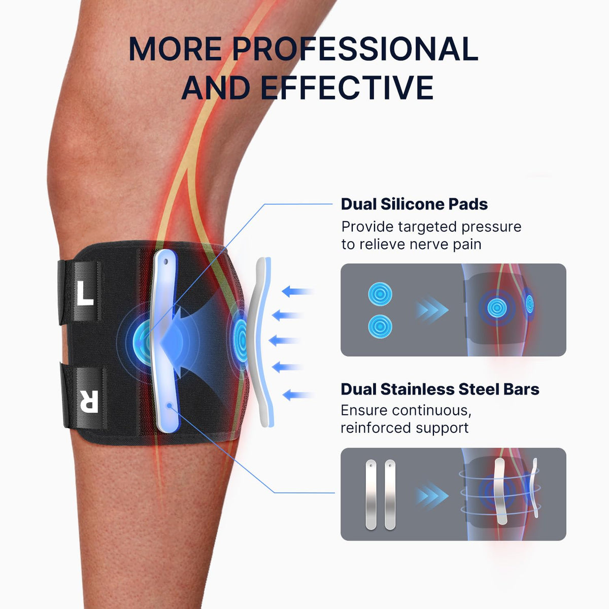 Belro sciatic nerve knee brace suspender accessory with adjustable straps for support and compression during movement.