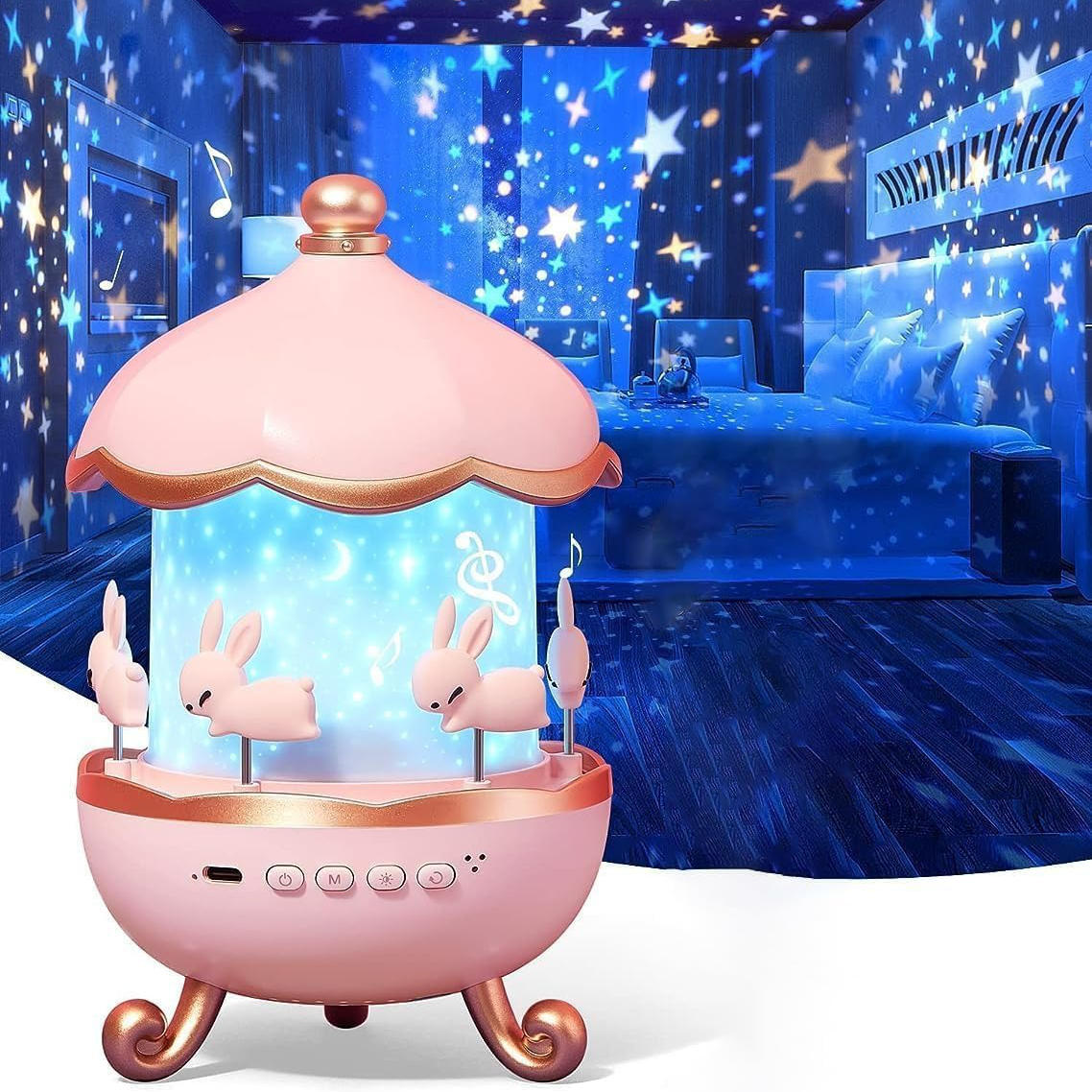 Belro night light projector for kids displaying colorful star and moon images on a wall, ideal for children's bedroom lighting.