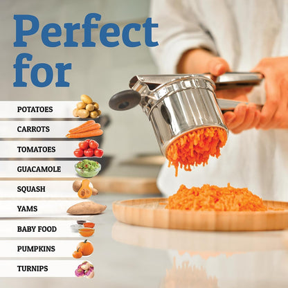 Belro potato ricer for kitchen use, stainless steel handle and hopper for mashing potatoes and soft vegetables.