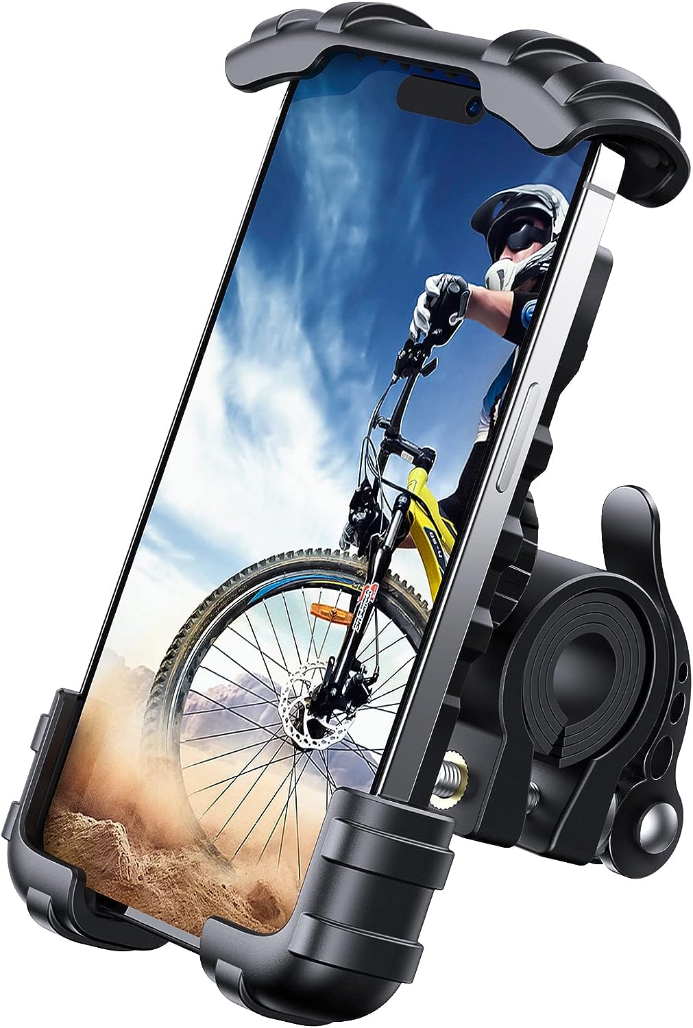 Belro motorcycle phone mount attached to handlebar, adjustable holder for smartphones on a motorcycle.