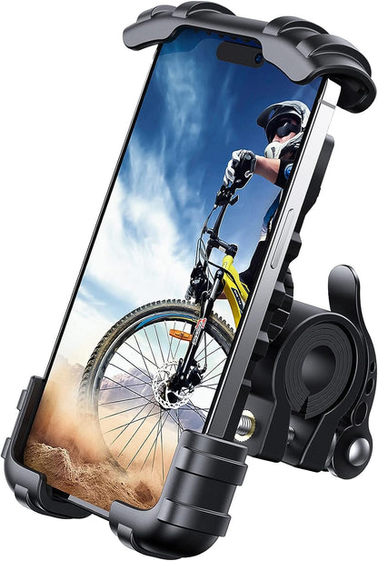 Belro motorcycle phone mount attached to handlebar, adjustable holder for smartphones on a motorcycle.