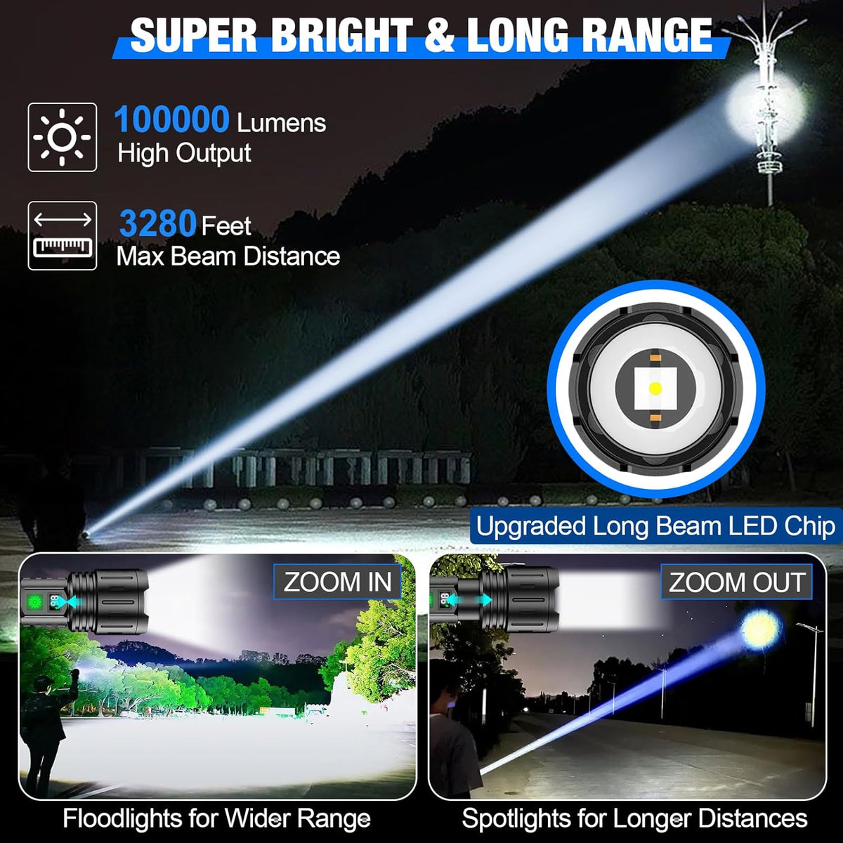 Bright Belro flashlight shining with intense beam, compact handheld LED light for outdoor and emergency use.