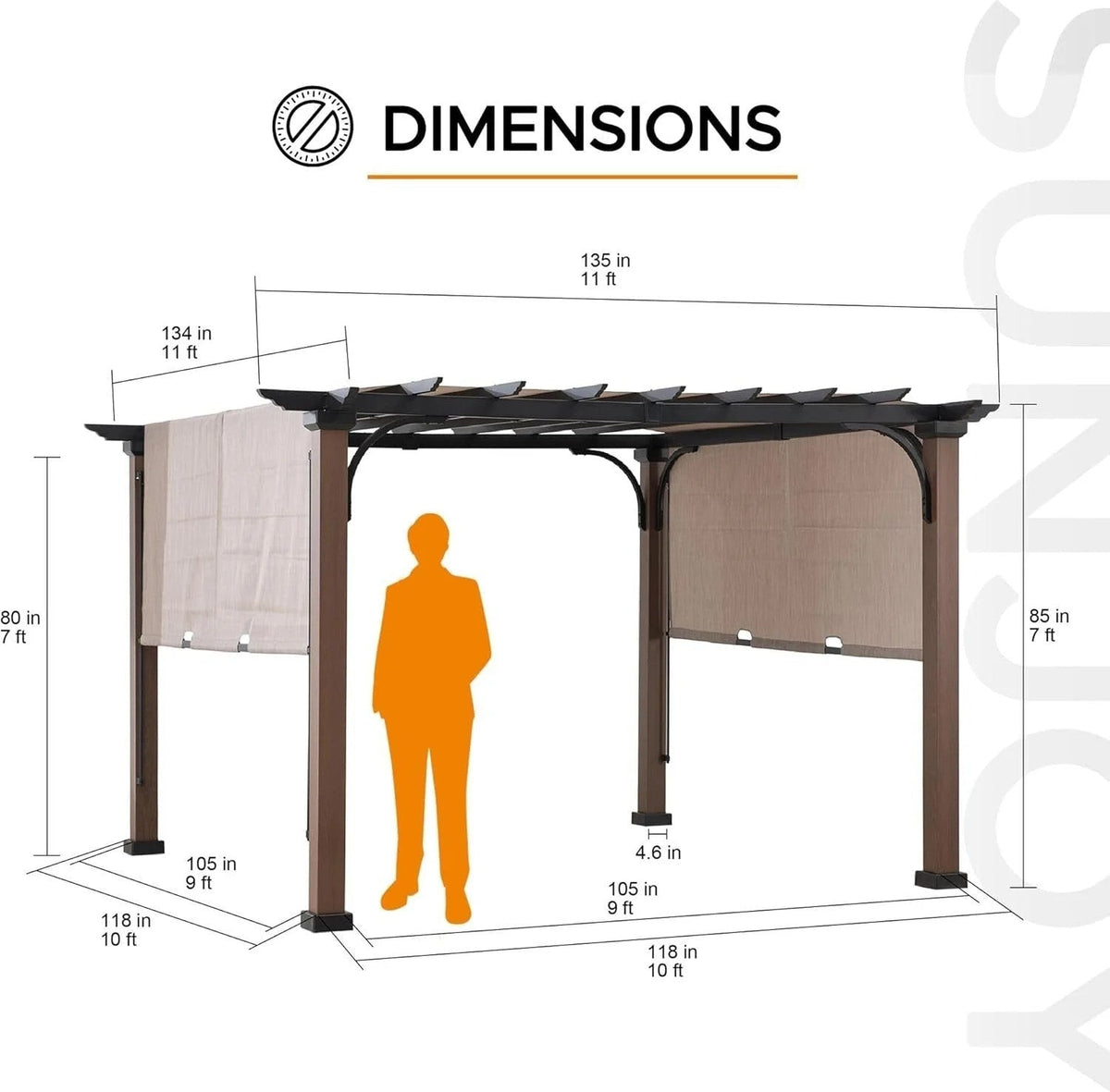 Casavibeo Sunjoy 11x11 ft metal pergola with adjustable tan garden shade for outdoor patio or garden space.
