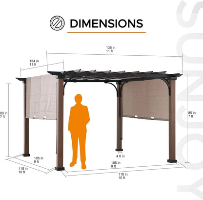 Casavibeo Sunjoy 11x11 ft metal pergola with adjustable tan garden shade for outdoor patio or garden space.