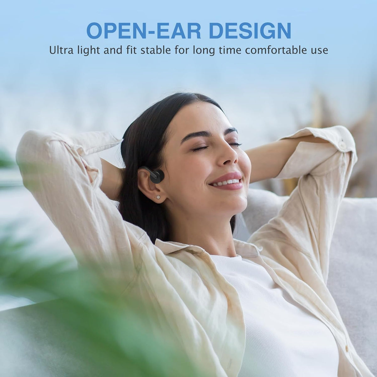 Belro open ear bone conduction wireless headphones resting on a surface, designed for comfortable, open-air listening.
