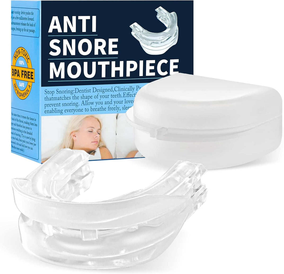 Belro anti-snoring mouthpiece guard for sleep apnea, showcasing the comfortable, adjustable oral device in a close-up view.