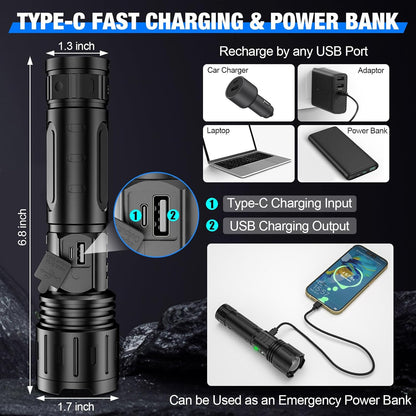 Bright Belro flashlight with high-intensity LED beam, compact design, and durable black body for outdoor and emergency use.