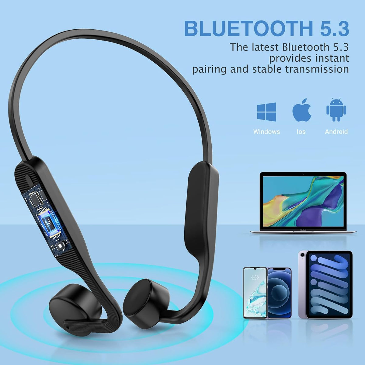 Belro open ear bone conduction wireless headphones resting on a table, showcasing their sleek design and open-ear style.