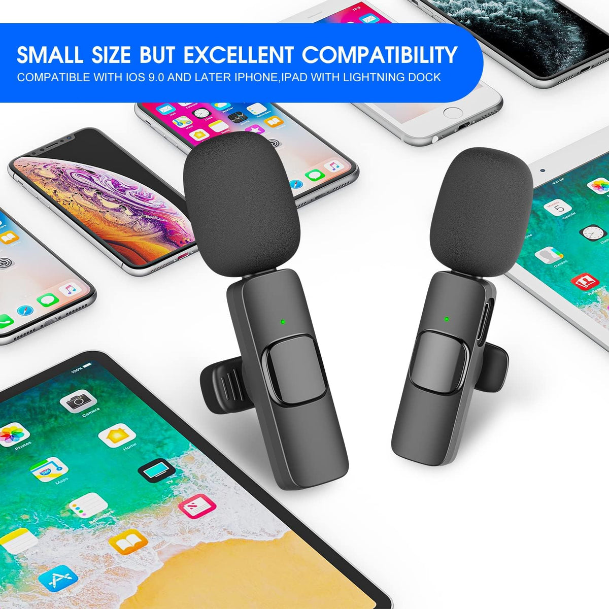 Belro 2-pack wireless microphones for iPhone and iPad, compact audio microphones for mobile recording and streaming.