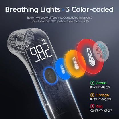 Belro no-touch forehead thermometer displaying digital temperature reading on a sleek electronic screen.