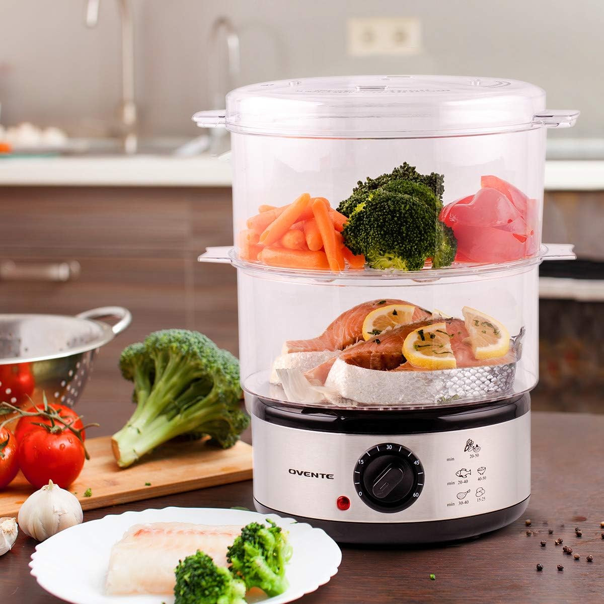 Belro electric vegetable steamer for healthy cooking, with multiple steaming baskets and digital control panel.