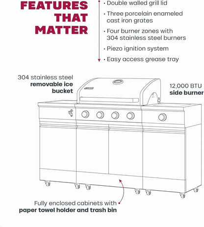 Casavibeo Fresno Series 5 Burner Grill TDT-021 with stainless steel lid, multiple burners, and control knobs on a black finish.