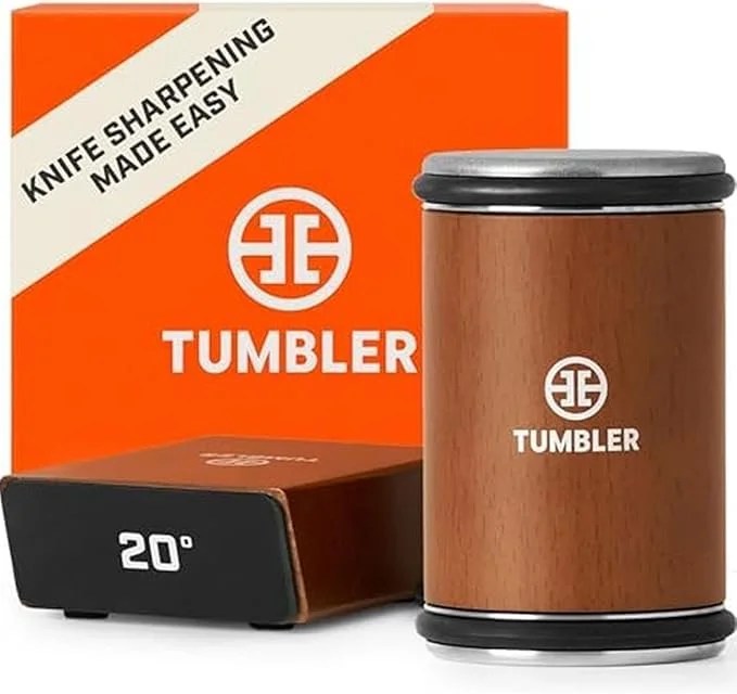Casavibeo Original Tumbler Rolling Knife Sharpener with wooden handle, designed for easy kitchen knife sharpening at 15 and 20 degrees.