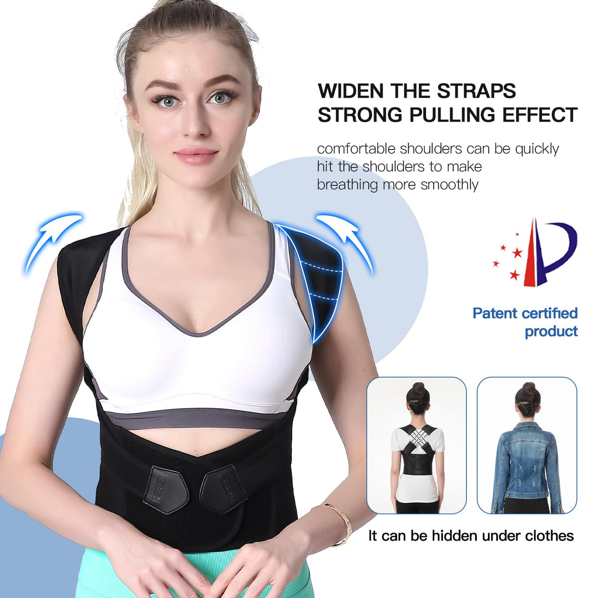Belro back posture corrector suspenders worn over clothing, designed to support proper spine alignment and improve posture.