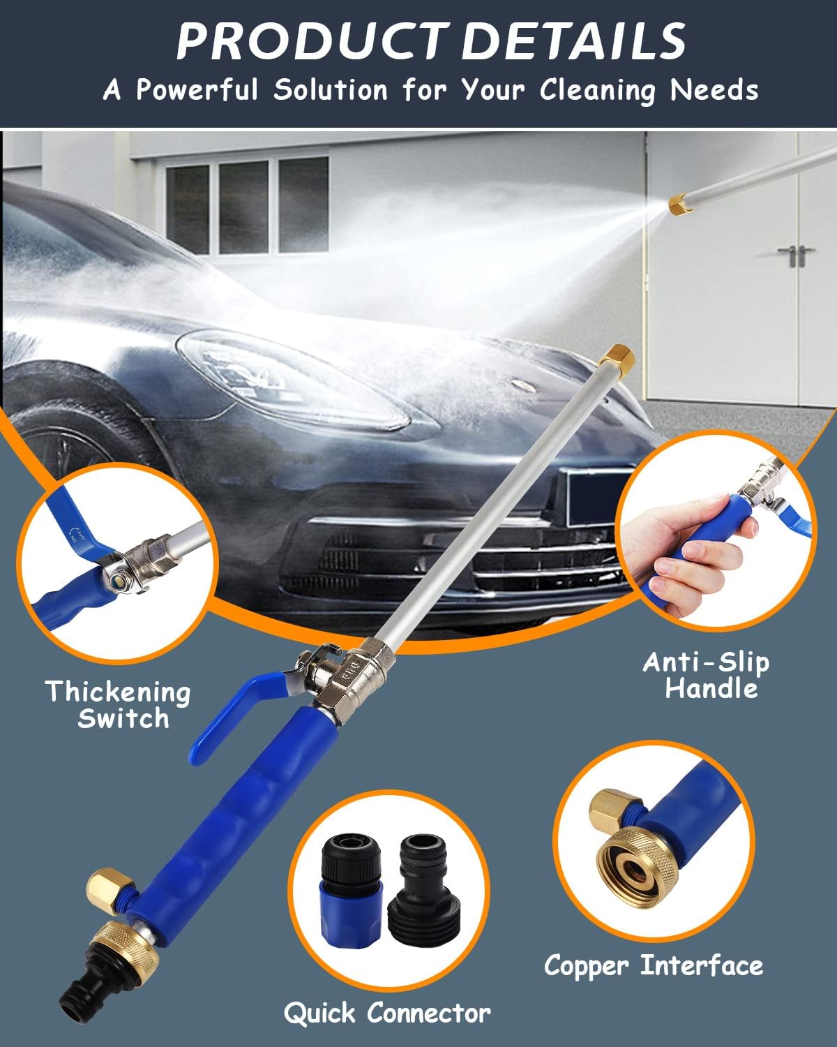 Belro high-pressure washer spray nozzle attached to a water hose for car washing, showcasing its sturdy design and nozzle tip.