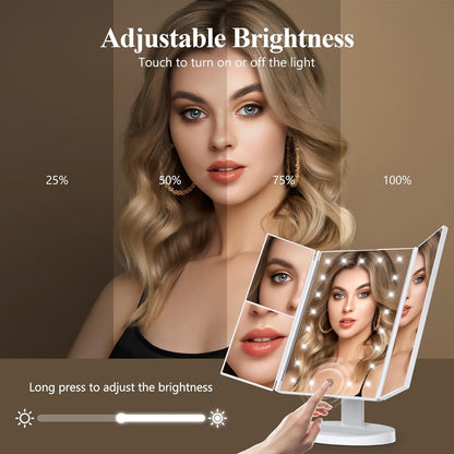 Belro tri-fold LED makeup mirror with built-in light, featuring adjustable panels and bright illumination for detailed beauty application.