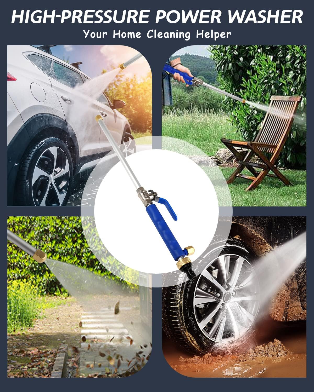 Belro high-pressure washer spray nozzle attached to water hose for car washing, durable and adjustable for cleaning vehicles.
