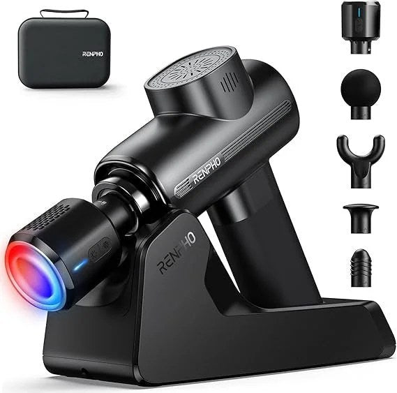 Casavibeo RENPHO Active Thermacool Deluxe Massage Gun with heat, cold heads, charging stand, for deep tissue muscle relief.