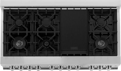 Casavibeo ZLINE 48-inch professional dual fuel range with stainless steel finish, featuring multiple burners and oven controls.