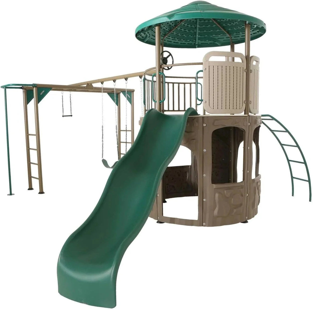 Casavibeo Lifetime Adventure Tower Deluxe playset with colorful slides, climbing features, and swings for kids' outdoor fun.
