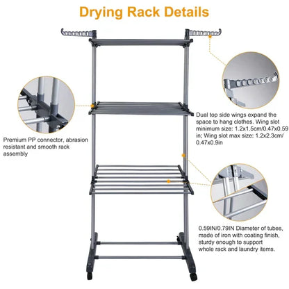 Belro foldable and rolling heavy-duty clothes drying rack with multiple bars for laundry drying in a home and garden setting.