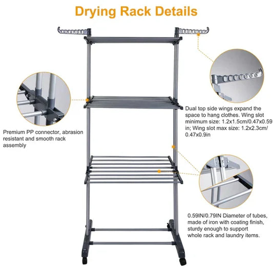 Belro foldable and rolling heavy-duty clothes drying rack with multiple bars for laundry drying in a home and garden setting.
