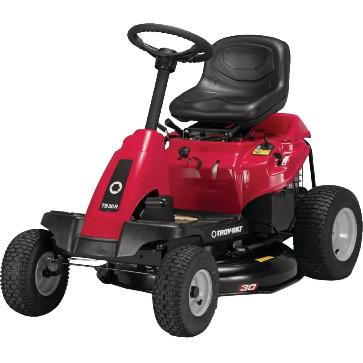 Casavibeo Troy-Bilt 30-inch riding lawn mower with cutting deck, seat, and control panel visible in the image.