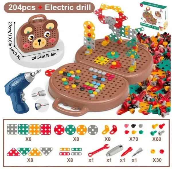Children's electric drill puzzle toolbox by Belro, featuring colorful toy tools and hardware for imaginative play and learning.