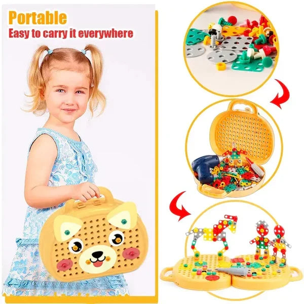 Children's electric drill puzzle toolbox by Belro featuring colorful tools and hardware pieces for imaginative play.