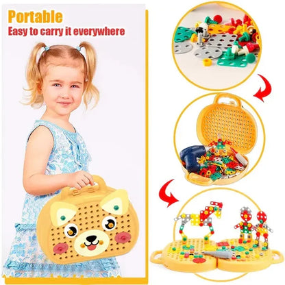 Children's electric drill puzzle toolbox by Belro featuring colorful tools and hardware pieces for imaginative play.