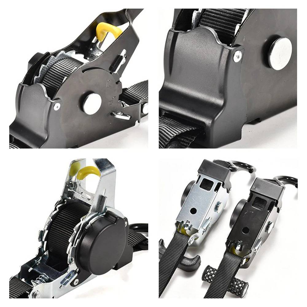 Belro 2-set retractable ratchet straps for securing cargo, featuring durable metal locks and adjustable webbing for versatile use.