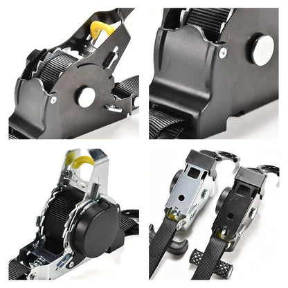 Belro 2-set retractable ratchet straps for securing cargo, featuring durable metal locks and adjustable webbing for versatile use.