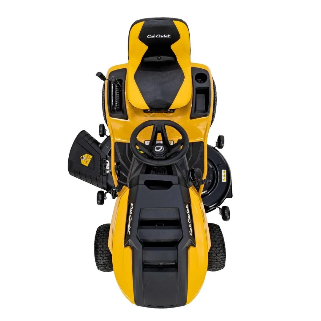 Cub Cadet XT1 Enduro LT 46 riding lawn tractor with a 46-inch cutting deck, shown in a yard setting.