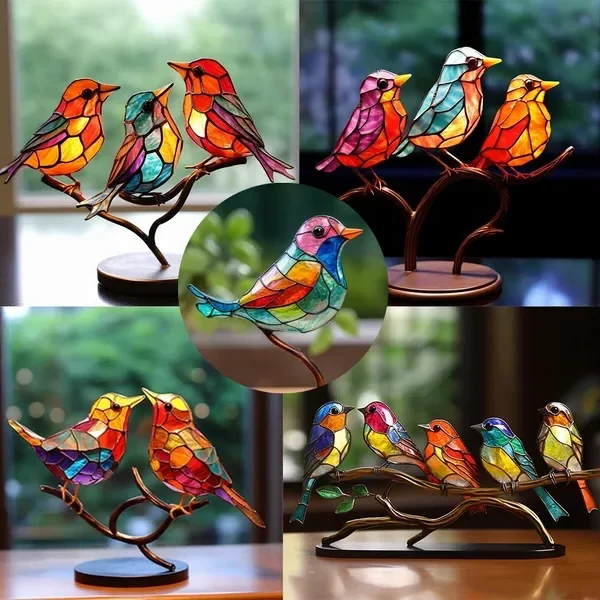Colorful bird desktop ornaments on a branch, decorative home decor by Belro for garden and interior embellishments.