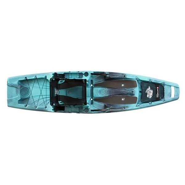 Casavibeo Perception Outlaw 11.5 fishing kayak shown on water with paddle and gear, designed for anglers and outdoor adventures.