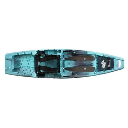 Casavibeo Perception Outlaw 11.5 fishing kayak shown on water with paddle and gear, designed for anglers and outdoor adventures.