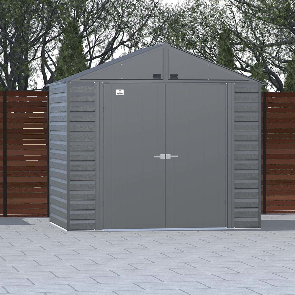 Casavibeo Arrow Select 8 ft. x 6 ft. charcoal metal storage shed with double doors and vented roof for outdoor organization