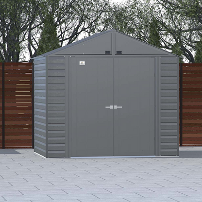 Casavibeo Arrow Select 8 ft. x 6 ft. charcoal metal storage shed with double doors and vented roof for outdoor organization
