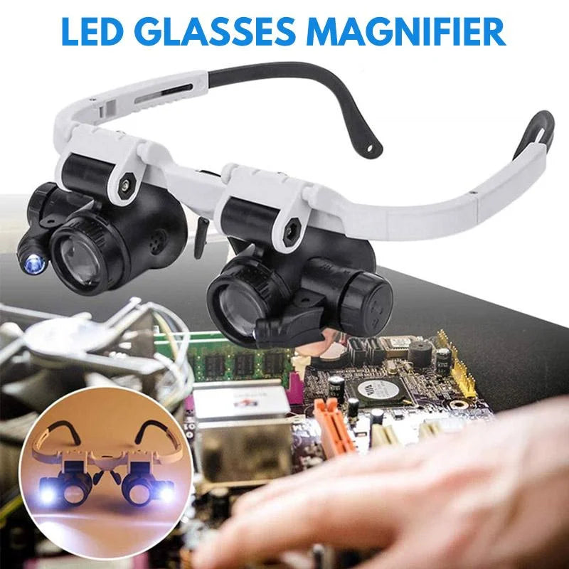 Belro LED glasses magnifier with 8x, 15x, and 23x magnification, featuring lightweight frames and adjustable lenses for detailed viewing.