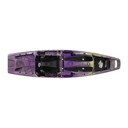 Casavibeo Perception Outlaw 11.5 fishing kayak on water, featuring seating, storage compartments, and fishing accessories.