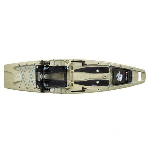 Casavibeo Perception Outlaw 11.5 fishing kayak shown on water, featuring seating, storage, and fishing accessories.