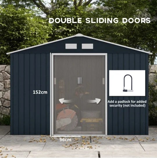 Casavibeo outdoor garden storage shed with double doors and sloped roof, ideal for tools and garden equipment storage