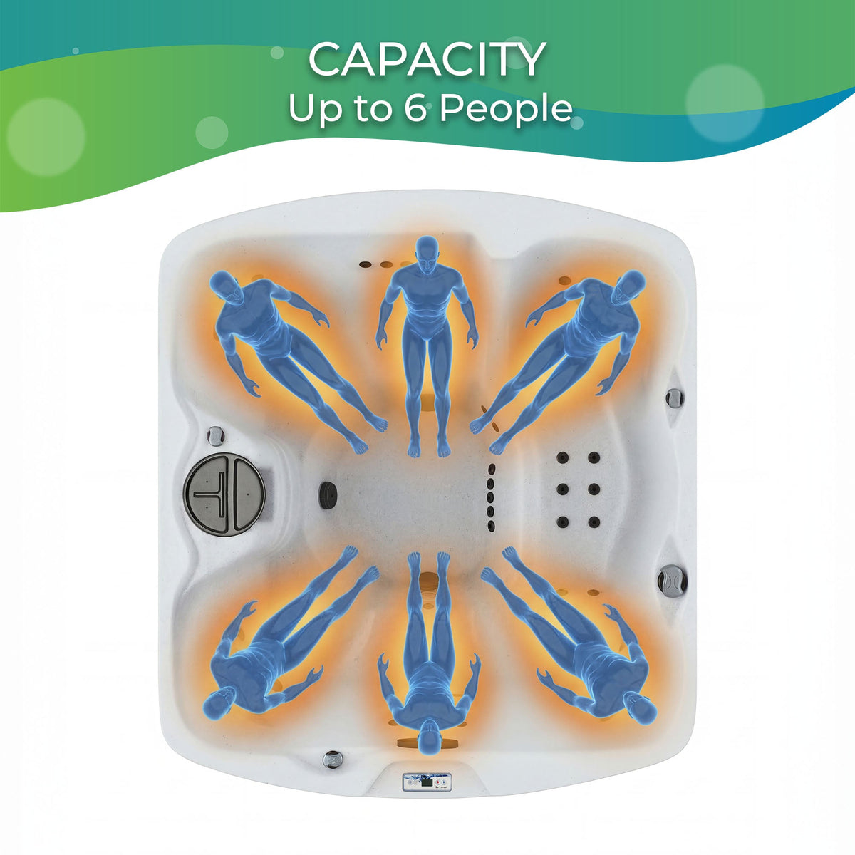 Casavibeo Lifesmart Leganza 6-person spa with 90 jets, lounge seating, in Sea Salt Coastal Gray finish, showing seating layout and jets.