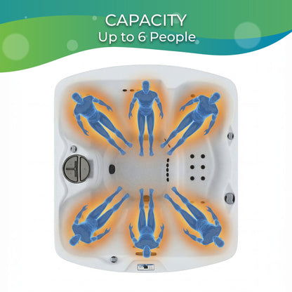 Casavibeo Lifesmart Leganza 6-person spa with 90 jets, lounge seating, in Sea Salt Coastal Gray finish, showing seating layout and jets.