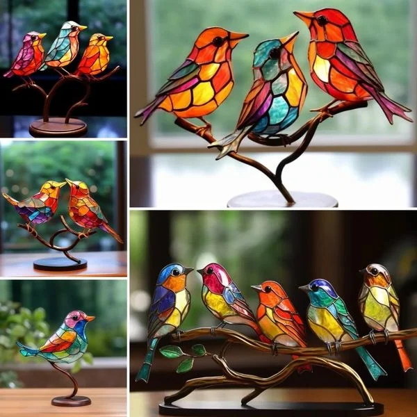 Colorful bird desktop ornaments on a branch, decorative home decor by Belro, featuring vibrant bird figures for home and garden.
