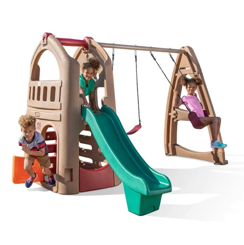 Casavibeo Step2 Naturally Playful Playhouse Climber and Swing Extension with colorful plastic slides and climbing features for kids