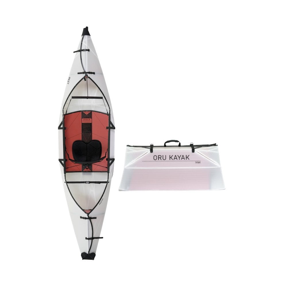 Casavibeo Oru Inlet fold-up single kayak displayed on water, showing its compact, portable design and sleek kayak shape.